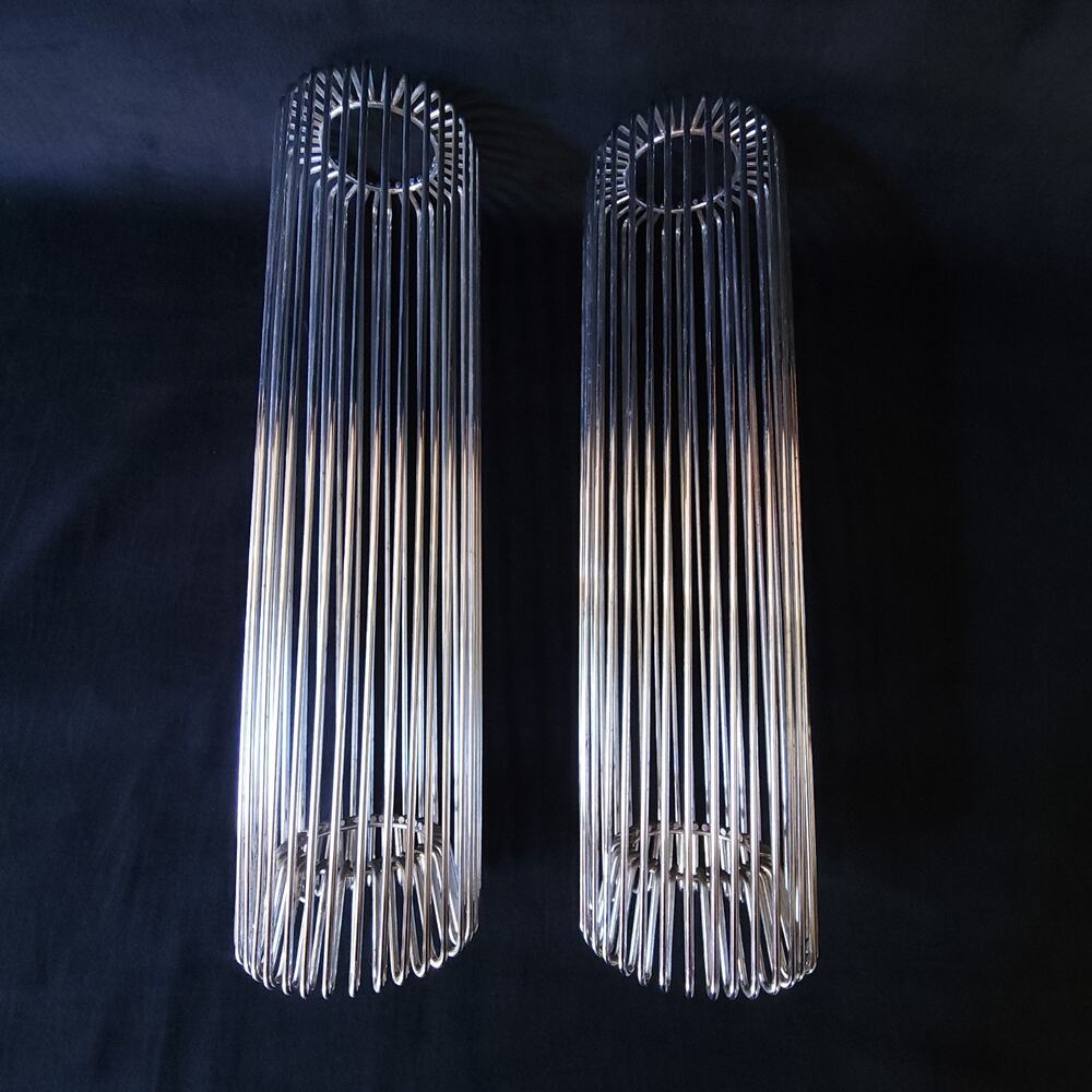 2 Large Wired Chrome Vase 14.5" Tall Modern Art Deco Home Decor Pair Set Rare